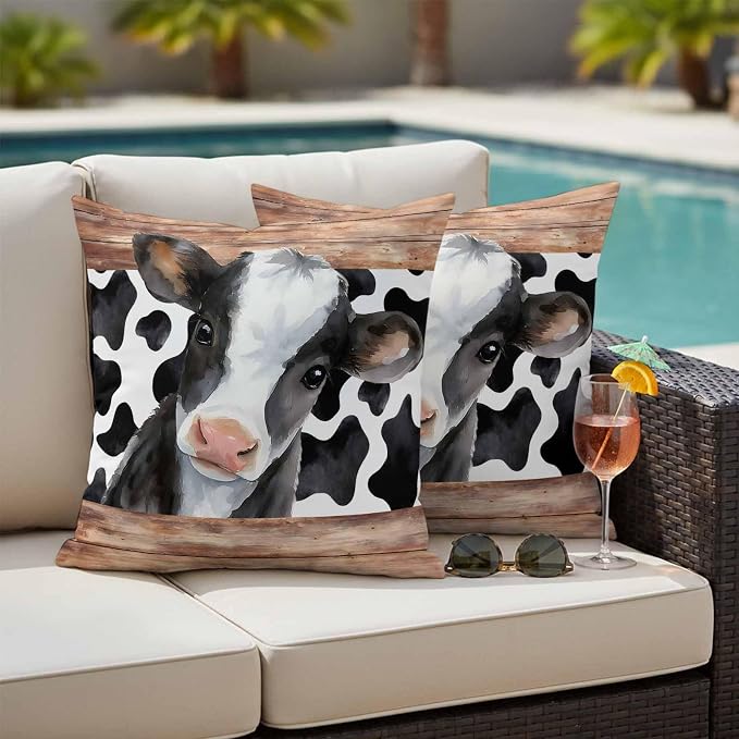 Cow Printed Outdoor Pillow Covers 24x24 Inch Throw Pillow Covers Set of 2 Waterproof Decorative Pillow Cases Farmhouse Watercolor Country Wooden Grain Cushion Covers for Patio Furniture Garden Couch