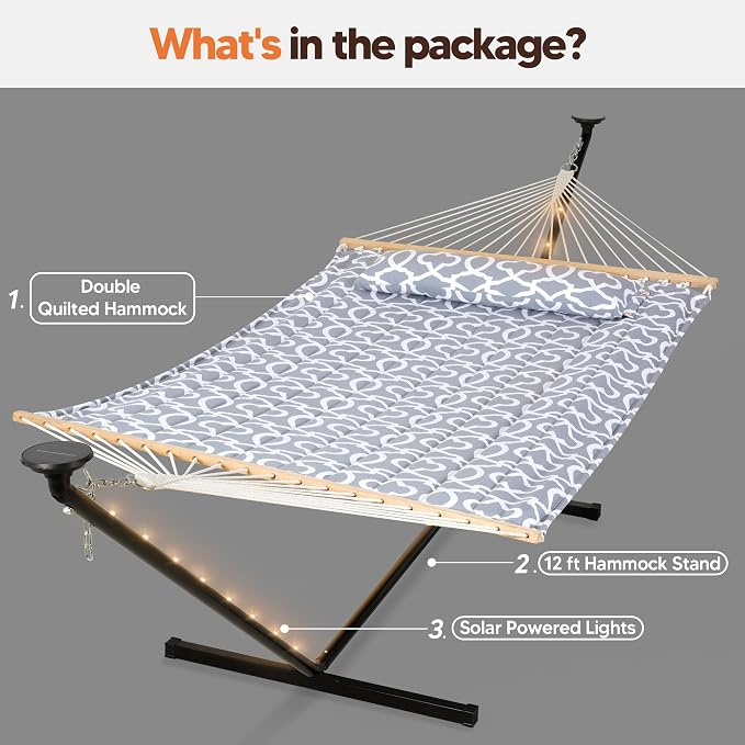SUNCREAT Hammocks Outdoor 2 Person Hammock with Solar Powered Lights, Double Hammock with 12 ft Stand Included, Light Gray