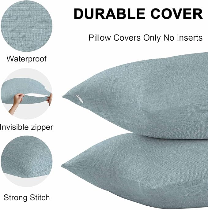 Vandarllin Outdoor Throw Pillows Covers 18x18 inch Set of 2 Waterproof Blue Linen Decorative Zippered Cushion Covers for Patio Furniture, Farmhouse Pure Color Lumbar Pillowcases