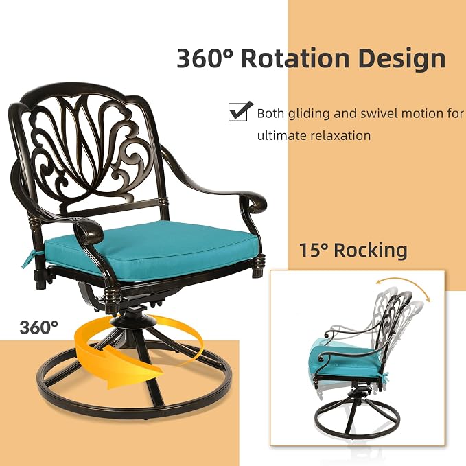 3-Piece Outdoor Patio Dining Set, All-Weather Cast Aluminum Patio Furniture Set for Backyard Garden Deck with 2 Swivel Cushioned Chairs and 31” Round Table, 2" Umbrella Hole, Ocean Blue