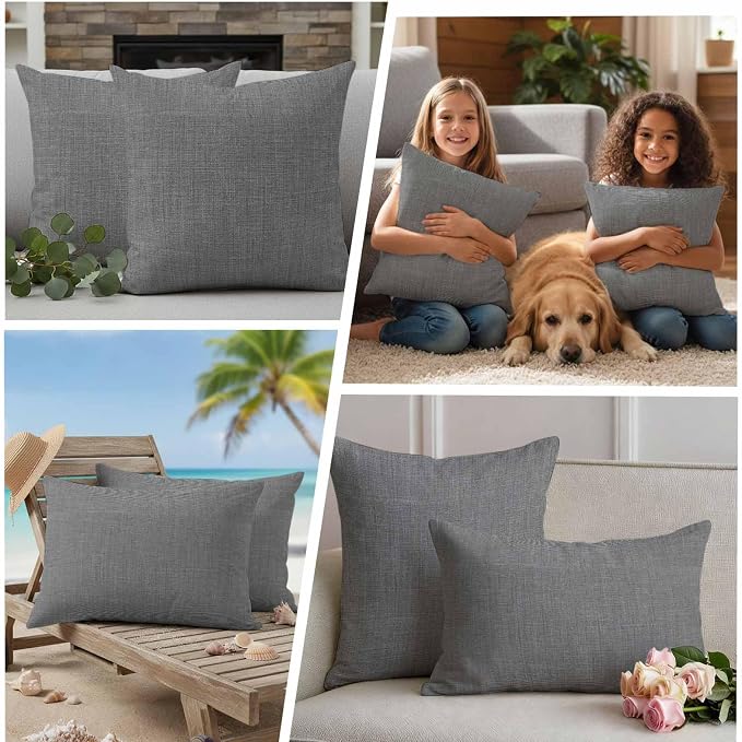 Outdoor Waterproof Throw Pillow Covers Set of 2 Grey Linen Pillowcases 16x16 Inches Farmhouse Pure Color Decorative Pillows Cushion Case Patio Pillows for Couch Bed Chair Garden