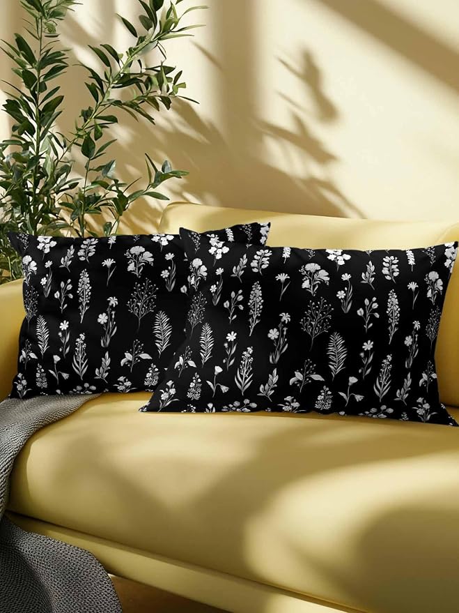 Outdoor Pillows with Inserts 12x20, Black Wildflowers Waterproof Outdoor/Indoor Throw Pillows, Farmhouse Botanical Garden Floral Decorative Pillow for Bed Couch Sofa Patio Furniture