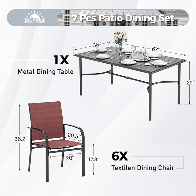 SUNSHINE VALLEY 7 Piece Patio Dining Set for 6, Rectangular Steel Dining Table with Umbrella Hole and Metal Frame 6 Chairs, Outdoor Table and Chairs Set for Lawn Backyard and Deck, Red
