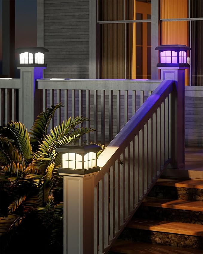 RGBCW Solar Post Cap Lights 8-Pack, 9 Colors 3 Modes Fence Caps, Bright Solar Outdoor Waterproof LED Deck Lighting for Fence Garden Deck Patio Porch Decor 4x4 Vinyl/Wood, Black