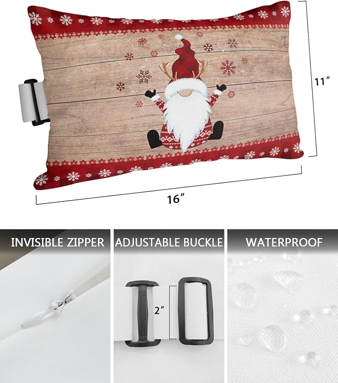 Outdoor Pillows Covers with Inserts Merry Christmas Gnome Xmas Elf on Rustic Wood Grain Waterproof Pillow with Adjustable Strap Throw Pillows for Patio Furniture Recliner Lounge Chair, 11" x 16", 2PCS