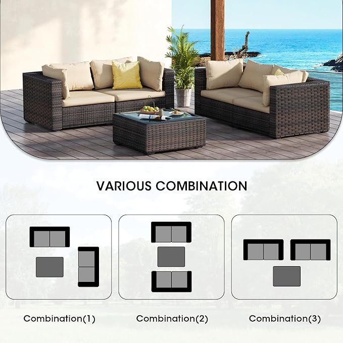 Patio Furniture Set 5 Piece All Weather PE Rattan Outdoor Sectional Sofa Couch with 4 x arm Sofa, No-Slip Cushions and Glass Top Table for Garden, Poolside, Backyard (Beige)