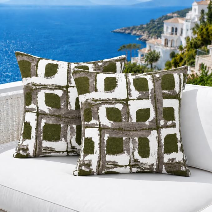 Outdoor Pillow Covers Waterproof Throw Pillow Covers, Set of 2 Jacquard Texture Water Resistant Fade Resistant Decorative Cushion Covers for Garden Patio Bench Couch Sofa, 18x18 Inch (Green Geometric)