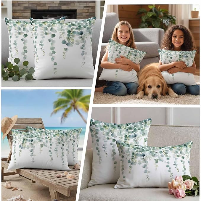 Eucalyptus Leaves Waterproof Outdoor Pillow Covers Set of 2 Home Decor, Pastoral Rustic Botanical Watercolor Pillowcase Patio Pillow Covers for Couch Bench Furniture Garden 18x18in