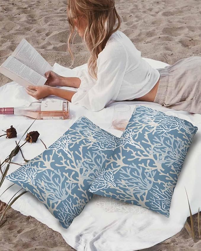 Outdoor Waterproof Throw Pillow Covers Set of 2 Teal Blue Coral Lumbar Pillowcases 20x12 Inches Nautical Coastal Marine Life Patio Decorative Pillows Cushion Case Patio Pillows for Couch Bed Garden