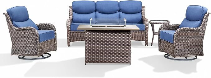 Luxury Patio Furniture Set with 6-inch Thick Cushion, Outdoor Furniture with Fire Pit Table, Swivel Chairs, Side Table, Sofa, 5pcs Wicker Conversation Set for Deck Yard (Brown Wicker | Blue Cushion)