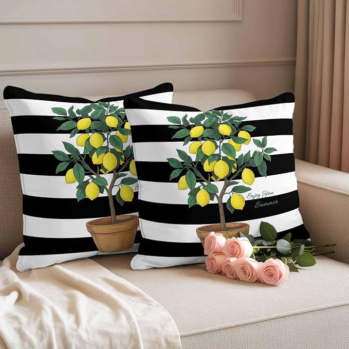 Outdoor Waterproof Throw Pillow Covers, Summer Lemon Decorative Pillow Cases, Black White Striped Potted Plant Couch Pillow Protector Patio Sofa Cushion Covers Replacement 18"x18" 2 Pack