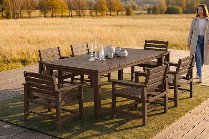 Perli™ 7-Piece Outdoor Dining Set, All-Weather HDPE Patio Furniture with 6 Ergonomic Chairs & Large Table, Built-in Umbrella Hole, UV-Resistant Set for Backyard, Deck, Poolside, Coffee