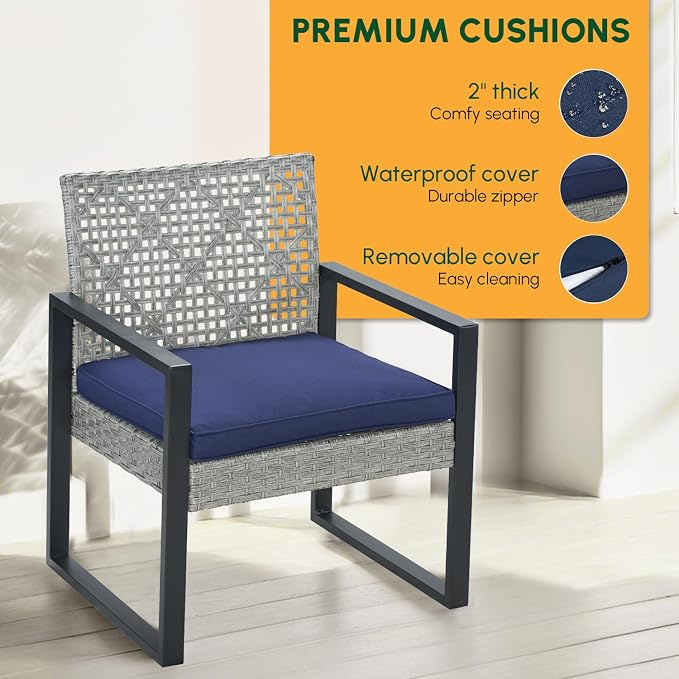 BEEFURNI Wicker Patio Furniture Outdoor Conversation Set of 4, Rattan Outdoor Furniture Set, Acacia Wood Table, 2 Chairs, 1 Loveseat, 2” Cushions, All Weather Set for Patio, Porch, Balcony (Gray)