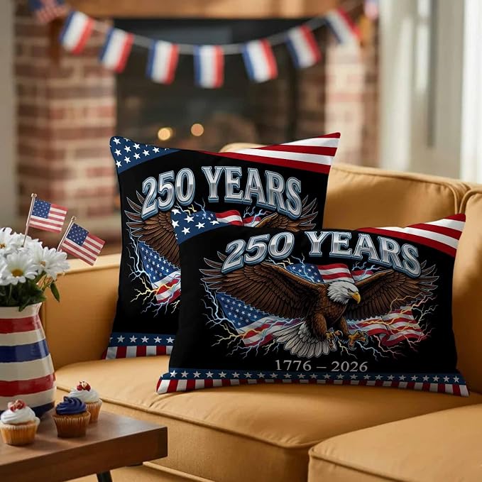 America 250 Years Eagle Outdoor Pillow Covers 18"x18" Set of 2, Independence Day Lightning Red Blue Flag Waterproof Throw Pillow Covers for Patio Furniture, Decorative Cushion Covers for Porch
