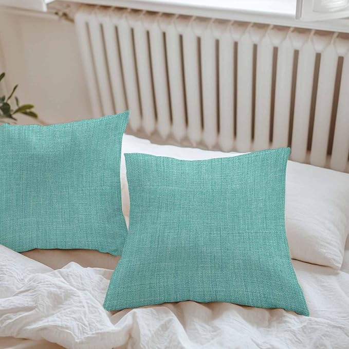 Vandarllin Outdoor Throw Pillows Covers 24x24 inch Set of 2 Waterproof Turquoise Linen Decorative Zippered Cushion Covers for Patio Furniture, Farmhouse Pure Color Lumbar Pillowcases