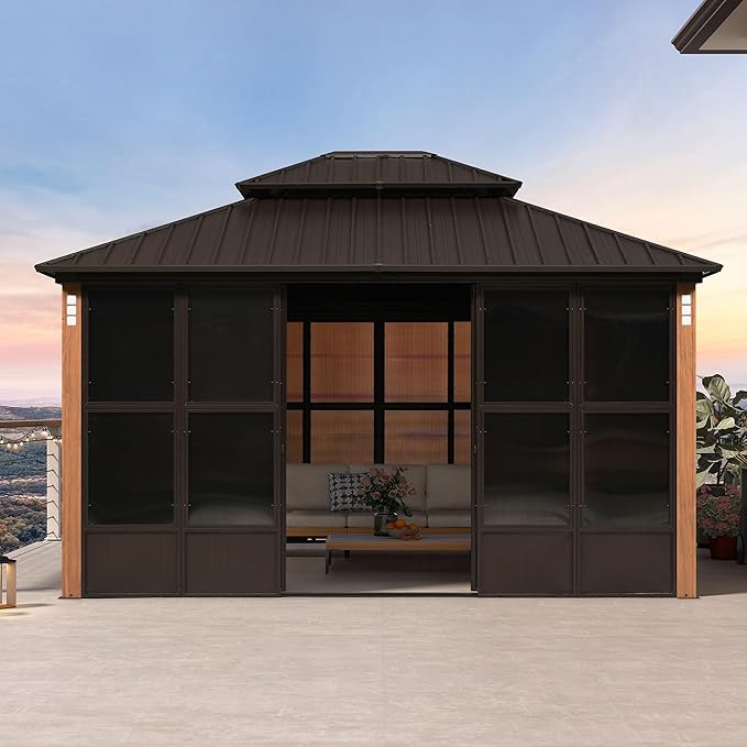 PURPLE LEAF 12' X 14' Outdoor Hardtop Gazebo with Solarium Galvanized Metal Roofs Patio Wood Grain Aluminum Frame with Screens and Doors for Hot Tub Garden Bronze
