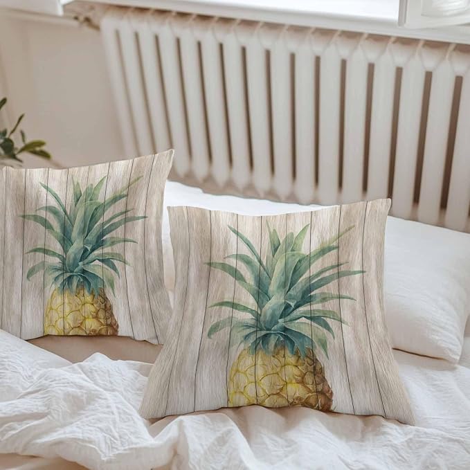 Vandarllin Outdoor Throw Pillows Covers 20x20 inch Set of 2 Waterproof Pineapple Decorative Zippered Cushion Covers for Patio Furniture, Summer Tropical Fruit Wood Lumbar Pillowcases