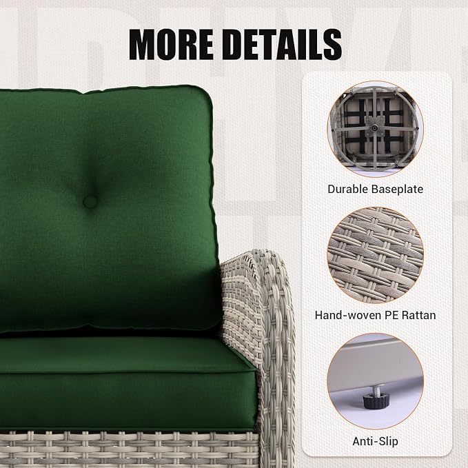 9-Piece Outdoor Patio Furniture Set with Rocking Swivel Chair Wicker Sectional Sofa Set, Patio Conversation Set with Thickened Cushions & Coffee Table for Garden, Backyard, Green