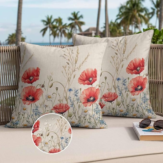 Red Poppy Flower Waterproof Outdoor Pillow Covers Set of 2 Home Decor, Patriotic Botanical Summer Floral Pillowcase Patio Pillow Covers for Couch Bench Furniture Garden 26x26in