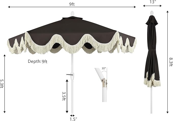 Eyely BMU1001 Halden 9 ft. Classic Cottage Tassel Market Patio Umbrella with Auto-Tilt, Crank