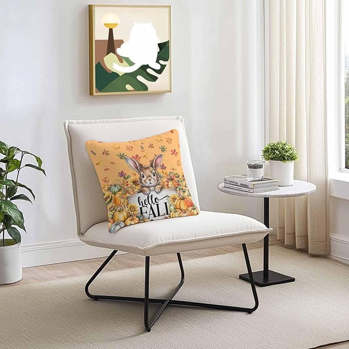 Thanksgiving Rabbit Outdoor Waterproof Pillow Covers, Orange Pumpkins Fall Leaves Flowers Decorative Square Throw Pillowcase Sofa Cushion Sham for Patio/Couch/Chair, 24"x24" 2 Pack