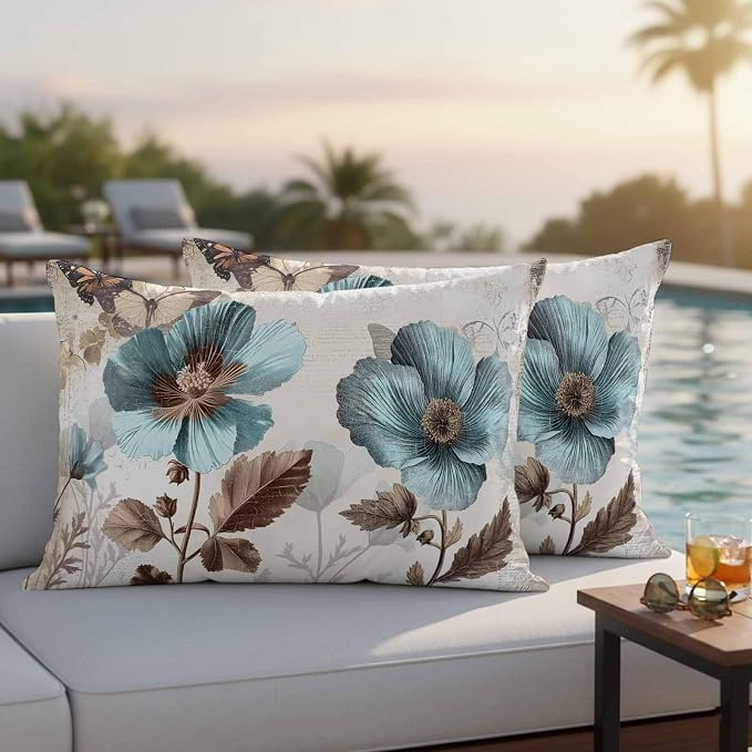 Teal Blue Floral Waterproof Outdoor Pillow Covers 20''x12'' Set of 2, Vintage Brown Flowers Butterfly Plant Patio Furniture Cushion Covers for Chairs, Decorative Pillow Cases for Garden/Pool/Beach