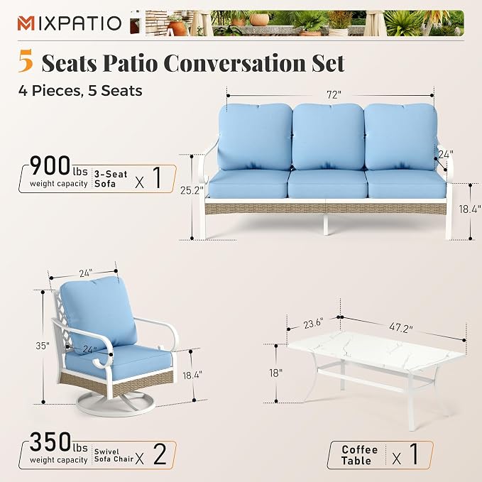 MIXPATIO 4 Piece Patio Furniture Set, 2 x Swivel Chair, 1 x 3-Seat Sofa with Marbling Coffee Table, All Cushioned 5 Seats Outdoor Conversation Set for Lawn Garden Backyard, Blue