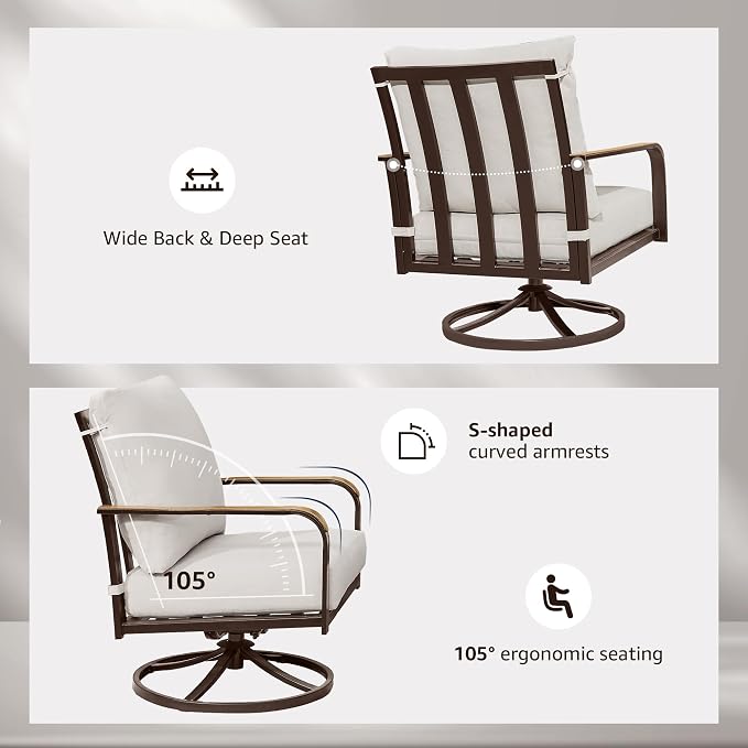 NATURAL EXPRESSIONS 4 Pieces Patio Furniture Sets,Modern Metal Outdoor Conversation Sofa Sets with High Back Swivel Rocking Chairs,Loveseat,Double-Deck Wooden-Grain Metal Table, 6" Cushions Beige
