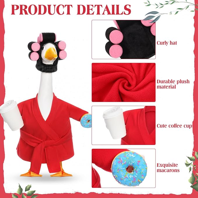 Shyyween Summer Porch Goose Outfits 23 Inch Lady Geese Statue Clothes Funny Porch Goose Red Robe and Curlers Coffee Cup Accessories