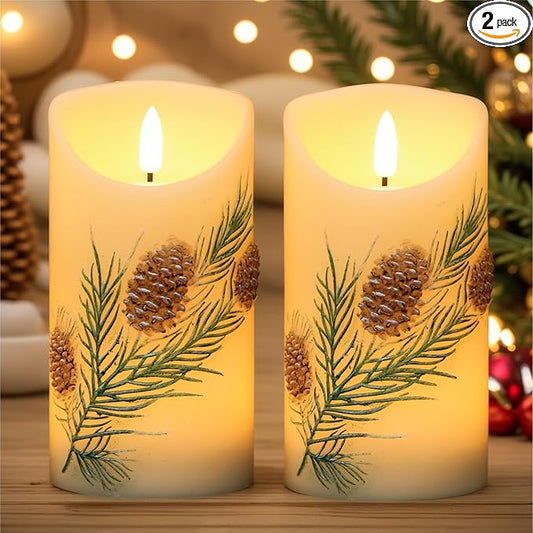 Wondise Flameless Candles with Timer, Battery Operated Flickering 3D Wick Real Wax Pine Cone Candles for Christmas Holiday Indoor Decoration, Set of 2, Ivory(D3 x H5.7 Inch)