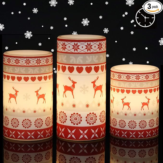 GenSwin Flameless Flickering Led Candles Battery Operated with 6 Hours Timer, Real Wax Pillar Candles Warm Light Love Deer Decal Decor Gift(Pack of 3)