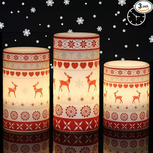 GenSwin Flameless Flickering Led Candles Battery Operated with 6 Hours Timer, Real Wax Pillar Candles Warm Light Love Deer Decal Decor Gift(Pack of 3)
