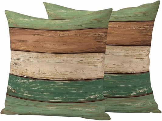 Farmhouse Dark Sage Green Brown Outdoor Waterproof Pillow Covers, Vintage Wooden Striped Decorative Square Throw Pillowcase Sofa Cushion Sham for Patio/Couch/Chair, 20"x20" 2 Pack