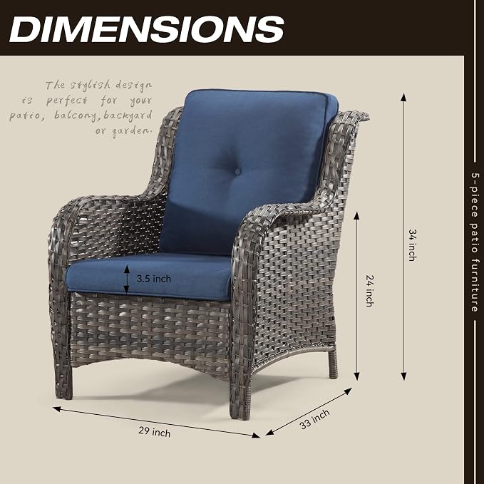 Outdoor Wicker Chair Rattan Patio Dining Chairs Set of 2 PE Wicker Patio Chairs with 3.5 inch Seat Cushions Outdoor Patio Seating Chair for Garden, Backyard Swimming Pool, Balcony, Blue