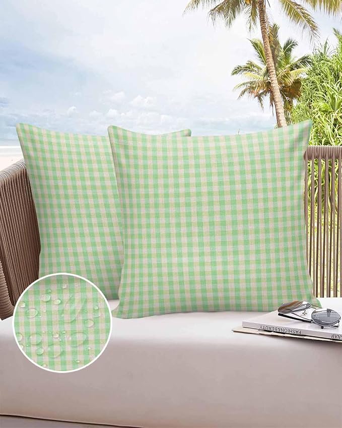 Outdoor Waterproof Throw Pillow Covers Set of 2 Green Buffalo Plaid Pillowcases 16x16 Inches Linen Classic Checked Patio Decorative Pillows Cushion Case Patio Pillows for Couch Bed Chair Garden