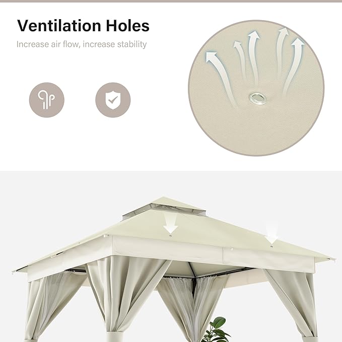 LAUSAINT HOME Patio Gazebo 10'x10', Outdoor Heavy Duty Party Tent Shelter with Double Roofs, Mosquito Nettings and Privacy Screens for Backyard, Garden, Lawn, Cream White