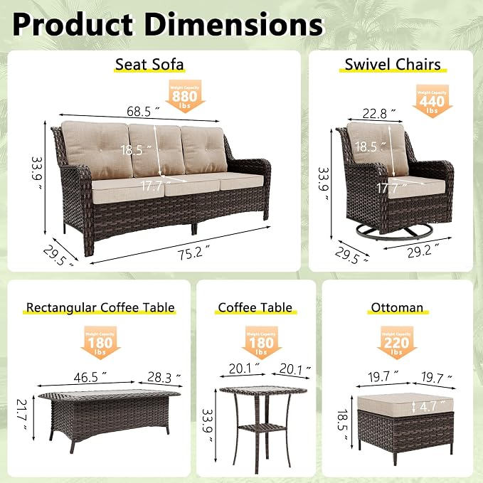 Outdoor Patio Furniture Set,7 Pieces 7 Seats Outdoor Sectional Furniture All Weather Thick PE Rattan Wicker Patio Conversation Set with Ottoman & Coffee Table,Swivel Rocking Chairs Set,Sand