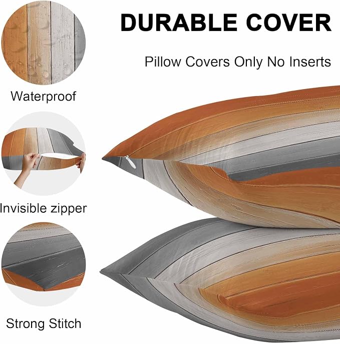 Throw Pillow Covers 24x24 Inch Set of 2, Burnt Orange Gray Ombre Waterproof Outdoor Cushion Covers, Vintage Farmhouse Wooden Decorative Pillowcases for Couch, Sofa, Bed, Garden, Patio