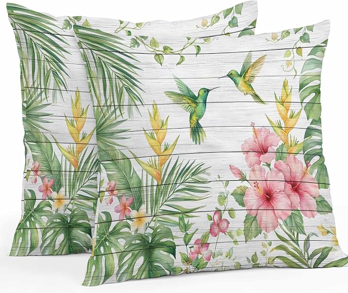 Hummingbirds Hibiscus Outdoor Waterproof Pillow Covers Pack of 2, Birds Botanical Tropical Plant Wood Grain Throw Pillowcases Decorative Cushion Covers for Garden Patio Tent Sofa Couch, 26x26 inch
