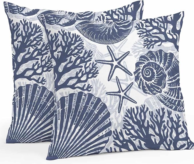 Outdoor Pillow Covers 18x18 Inch Set of 2, Navy Blue Coastal Waterproof Throw Pillow Covers, Beach Starfish Nautical Coral Shell Summer Decorative Cushion Pillowcases for Couch Sofa Bed Garden Patio