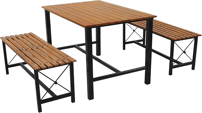 Sunnydaze Indoor or Outdoor 3-Piece Dining Table Set - European Chestnut Patio Dining Table with Benches - 47.25-Inch x 15.25-Inch