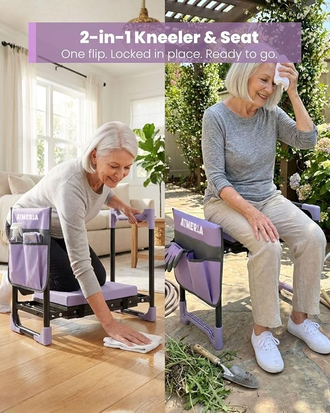 Aimerla K7 Foldable Garden Kneeler Seat, Upgraded Anti-Slip Base, 350LBS Capacity, 10.2" Wide EVA Pad & Detachable Cloud Cushion, 2-in-1 Kneeler Bench for Seniors, Gardening Gifts for Parents