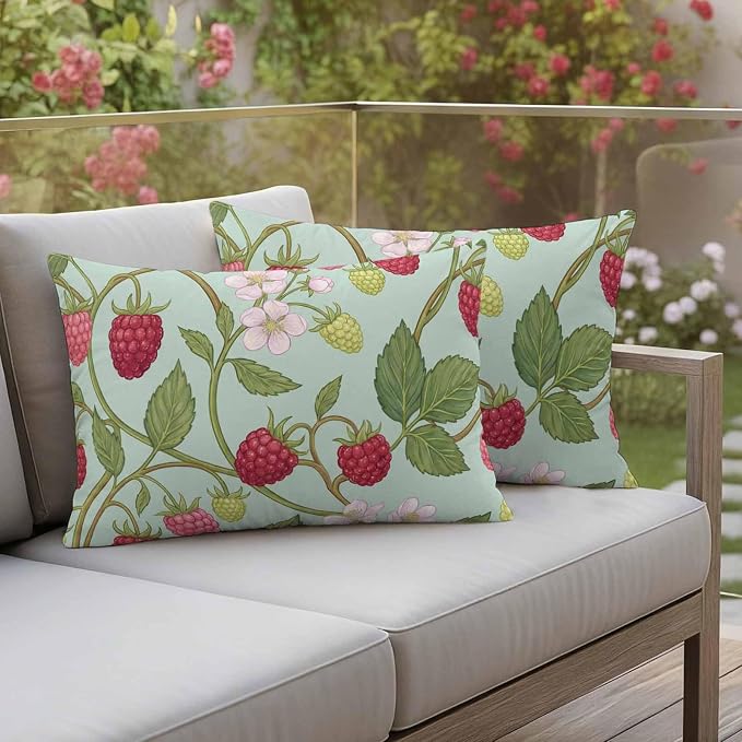 Raspberry Leaves Outdoor Pillow Covers 20"x12" Set of 2, Watercolor Red Pink Fruit Floral Mint Green Waterproof Throw Pillow Covers for Patio Furniture, Decorative Cushion Covers for Porch