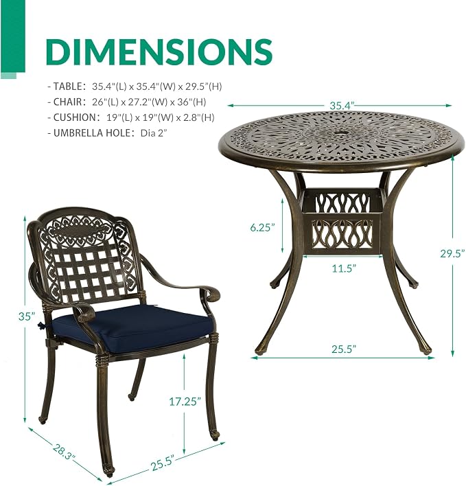 VIVIJASON 5-Piece Patio Furniture Dining Set, All-Weather Cast Aluminum Outdoor Conversation Set, Include 4 Cushioned Chairs and a 35.4" Round Table w/Umbrella Hole, Navy Blue Cushion