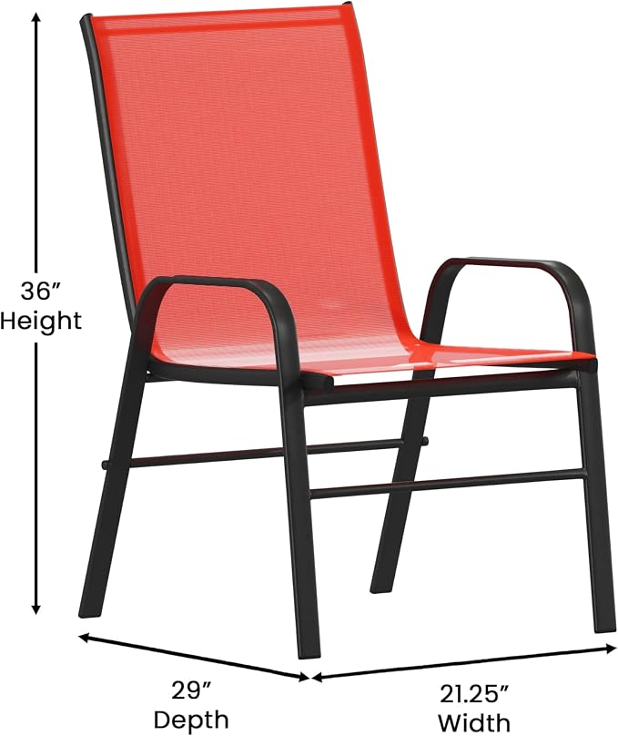 Merrick Lane Bardwell 5 Piece Outdoor Dining Table Set for 4 with Glass-Top Patio Table and 4 Stack Chairs with Flex Comfort Material in Red