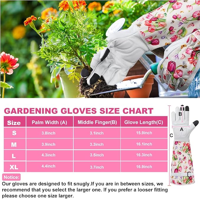 DLY Garden Gloves for Women,Gardening Gloves,Garden Gift for Lady,White,XL | Thornproof Cowhide Palm, Foam-Padded Grip, Long Tulip Print Cuff, 3-Finger Touchscreen, Rose Pruning, Gardening & Yard Work