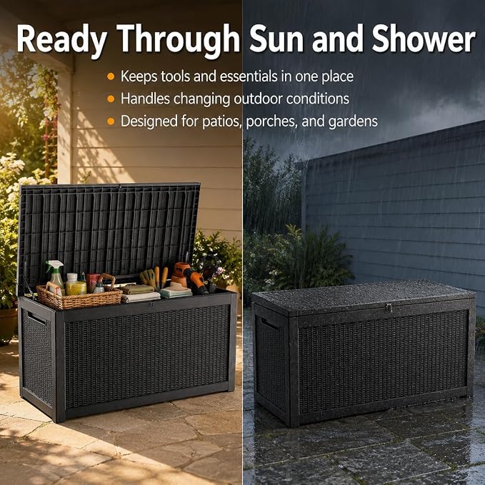 Outdoor Deck Patio Storage Box - 325 Gallon Extra Large Resin Wicker Yard Storage Bin with Lid for Furniture Cushions, Pool Floats, Garden Tools & Outside Toy Storage, Black