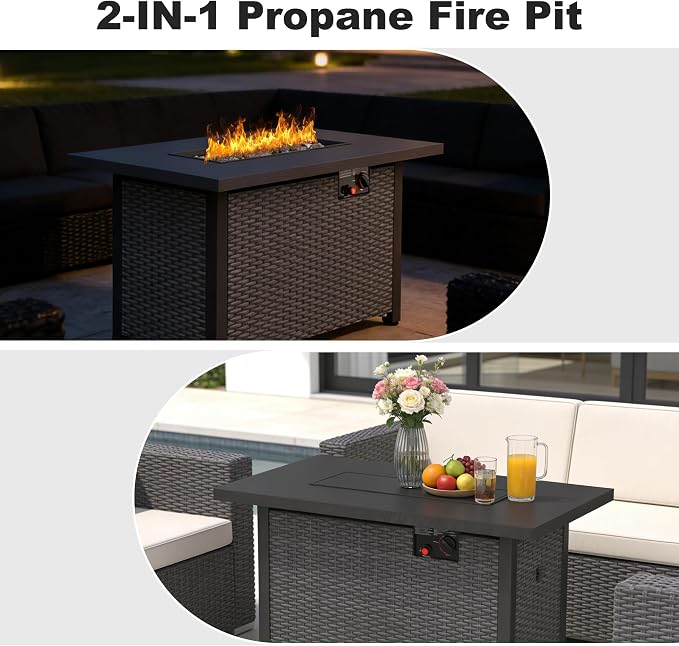 Patio Furniture Set, 7PCS Patio Sectional w/ Fire Pit Tabel Ottoman Wicker Rattan Outdoor Furniture with Thickened Cushion Modular Wicker Patio Conversation Set with Glass Top Table for Balcony (Grey)