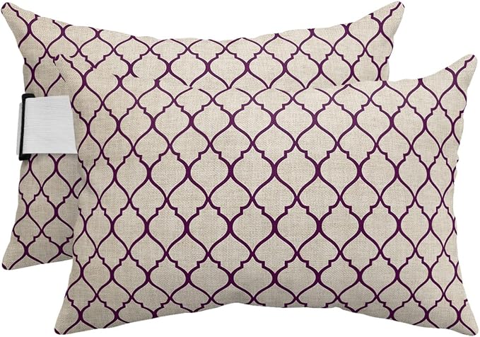 Outdoor Pillows Covers with Inserts Rustic Moroccan Geometric Quatrefoil Purple Lattice Waterproof Pillow with Adjustable Strap Throw Pillows for Patio Furniture Recliner Lounge Chair, 11" x 16", 2PCS