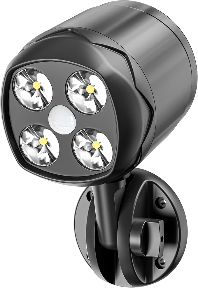 Outdoor Motion Sensor Light Battery Operated, IP65 Waterproof Ultra Bright Motion Sensor Outdoor Lights Head Adjustable with 8W 600 Lumen 6000K 4LEDs for Garage Yard Porch and Patio (1 Pack)